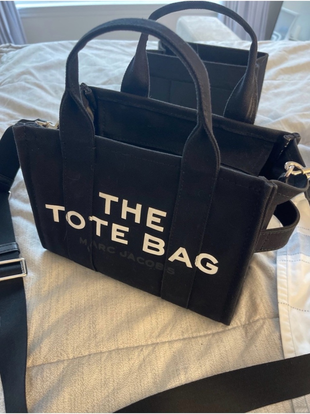 Authentic Marc Jacobs Black Canvas Messenger Tote with White Logo
